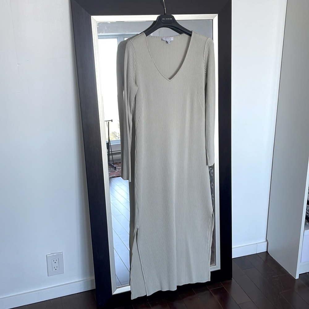 AYR Long Ribbed V-Neck Midi Dress in Light Beige